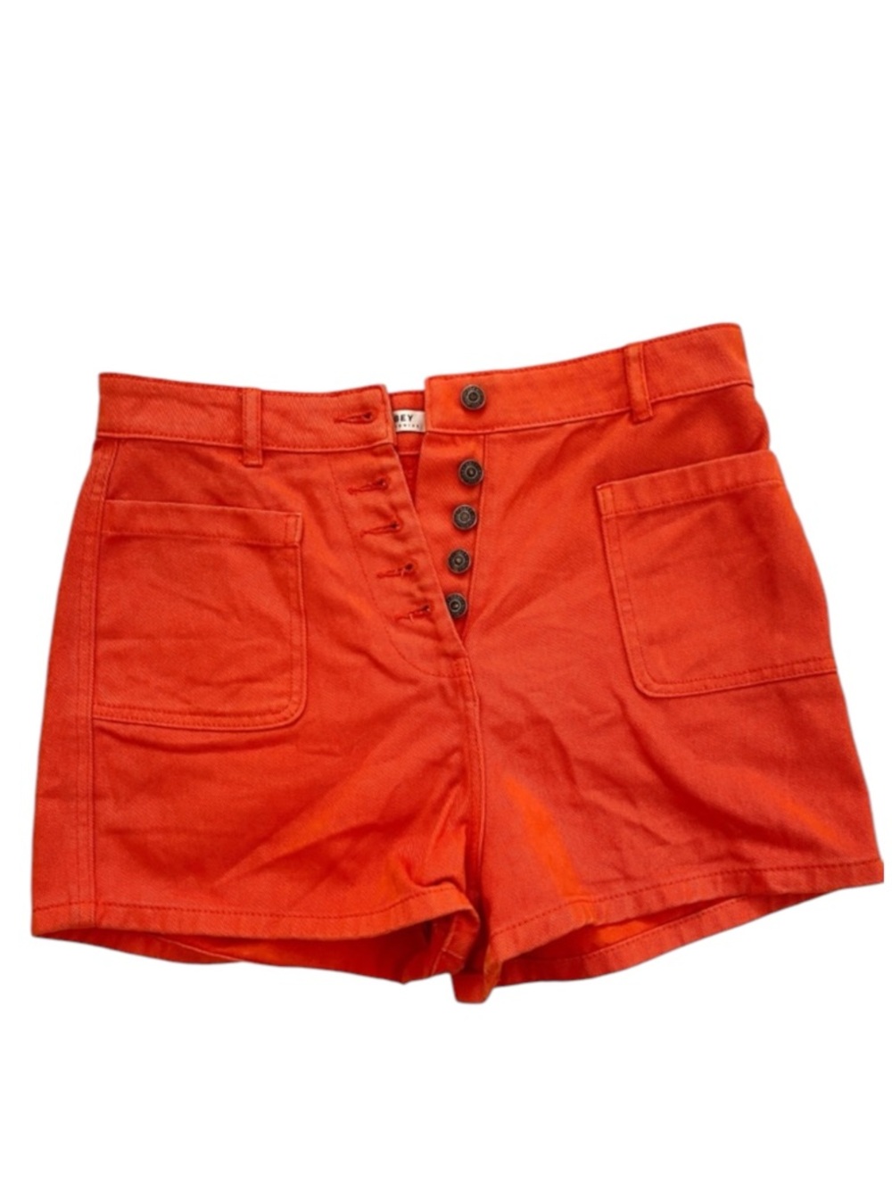 OBEY HIGH WAIST DENIM SHORTS WOMENS RED ORANGE BUTTON FLY SIZE 26 HIGH RISE